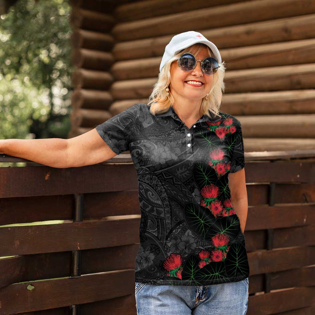 Hawaiian Taro Leaves and Ohia Lehua Women Polo Shirt Polynesian Tribal Art Tropical Plants Motifs Grayscale