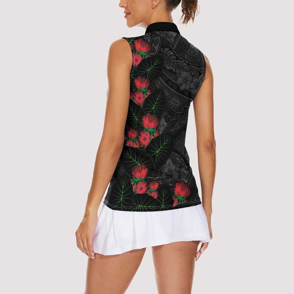 Hawaiian Taro Leaves and Ohia Lehua Women Sleeveless Polo Shirt Polynesian Tribal Art Tropical Plants Motifs Grayscale