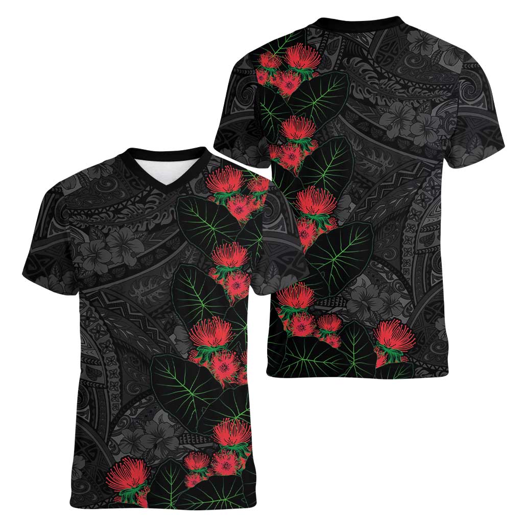Hawaiian Taro Leaves and Ohia Lehua Women V-Neck T-Shirt Polynesian Tribal Art Tropical Plants Motifs Grayscale