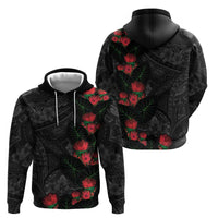 Hawaiian Taro Leaves and Ohia Lehua Zip Hoodie Polynesian Tribal Art Tropical Plants Motifs Grayscale