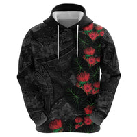 Hawaiian Taro Leaves and Ohia Lehua Zip Hoodie Polynesian Tribal Art Tropical Plants Motifs Grayscale