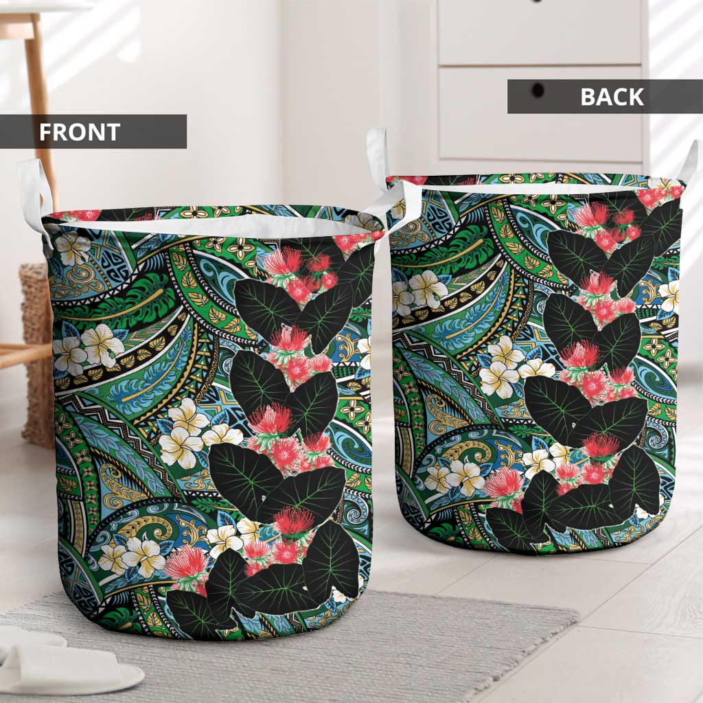Hawaiian Taro Leaves and Ohia Lehua Laundry Basket Polynesian Tribal Art Tropical Plants Motifs Colorful