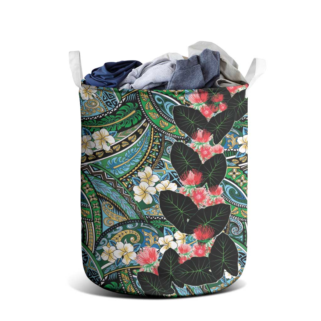 Hawaiian Taro Leaves and Ohia Lehua Laundry Basket Polynesian Tribal Art Tropical Plants Motifs Colorful