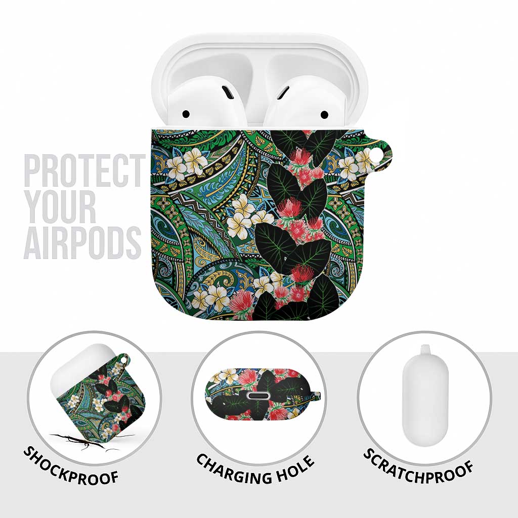 Hawaiian Taro Leaves and Ohia Lehua AirPods Case Polynesian Tribal Art Tropical Plants Motifs Colorful