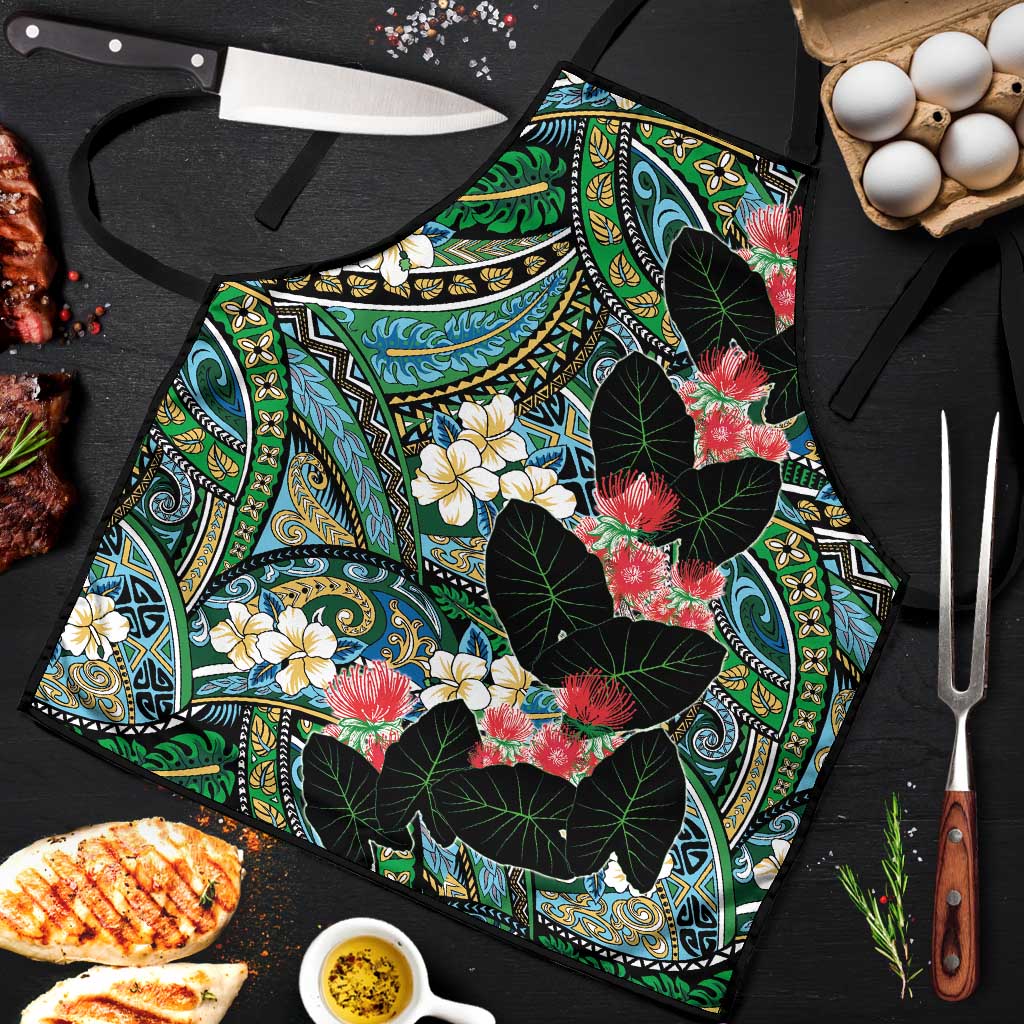 Hawaiian Taro Leaves and Ohia Lehua Apron Polynesian Tribal Art Tropical Plants Motifs Colorful