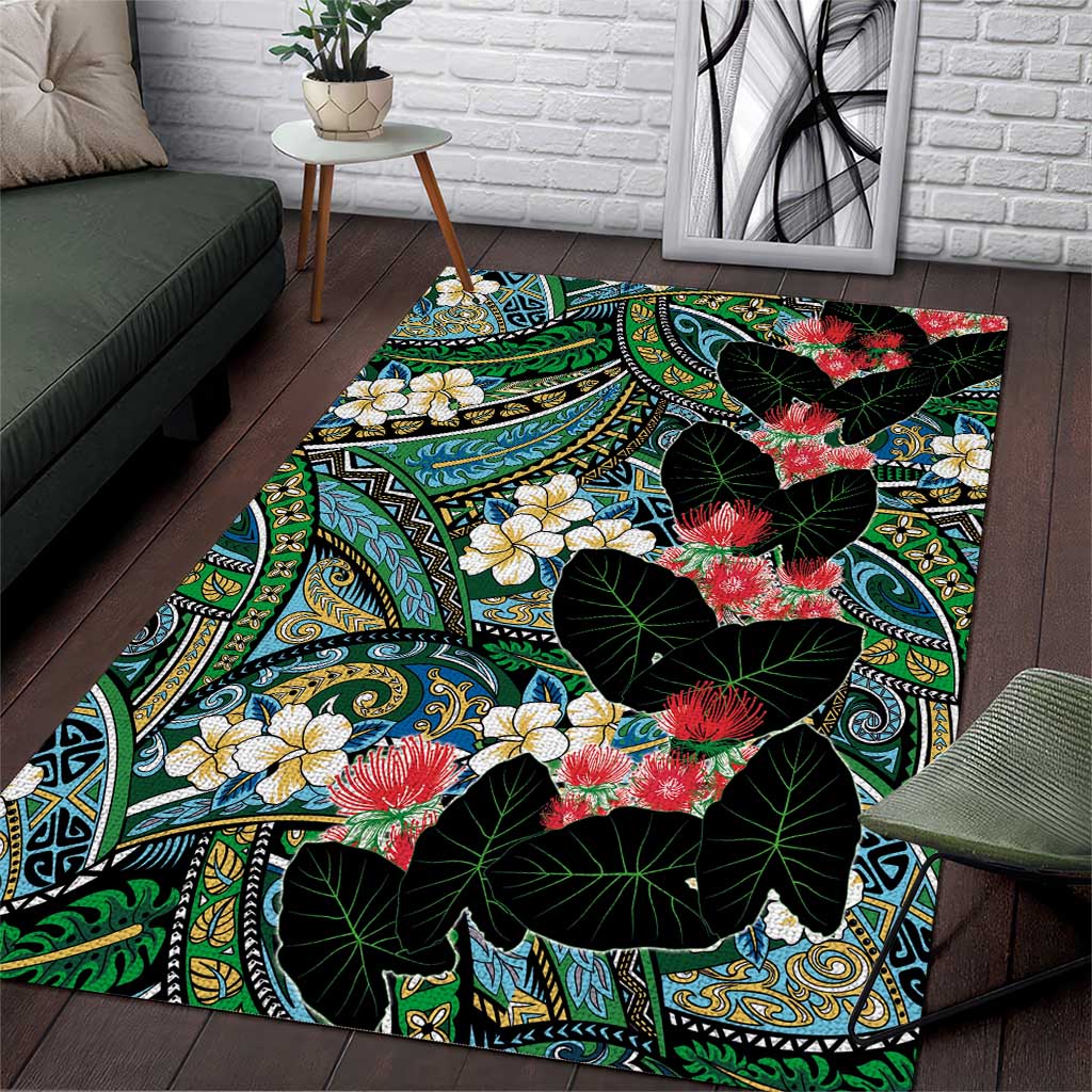 Hawaiian Taro Leaves and Ohia Lehua Area Rug Polynesian Tribal Art Tropical Plants Motifs Colorful