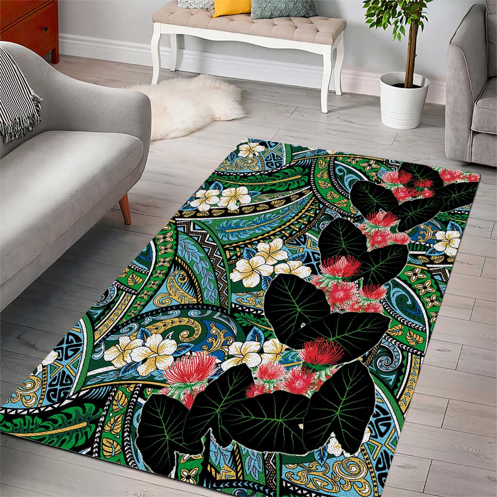 Hawaiian Taro Leaves and Ohia Lehua Area Rug Polynesian Tribal Art Tropical Plants Motifs Colorful