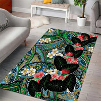 Hawaiian Taro Leaves and Ohia Lehua Area Rug Polynesian Tribal Art Tropical Plants Motifs Colorful