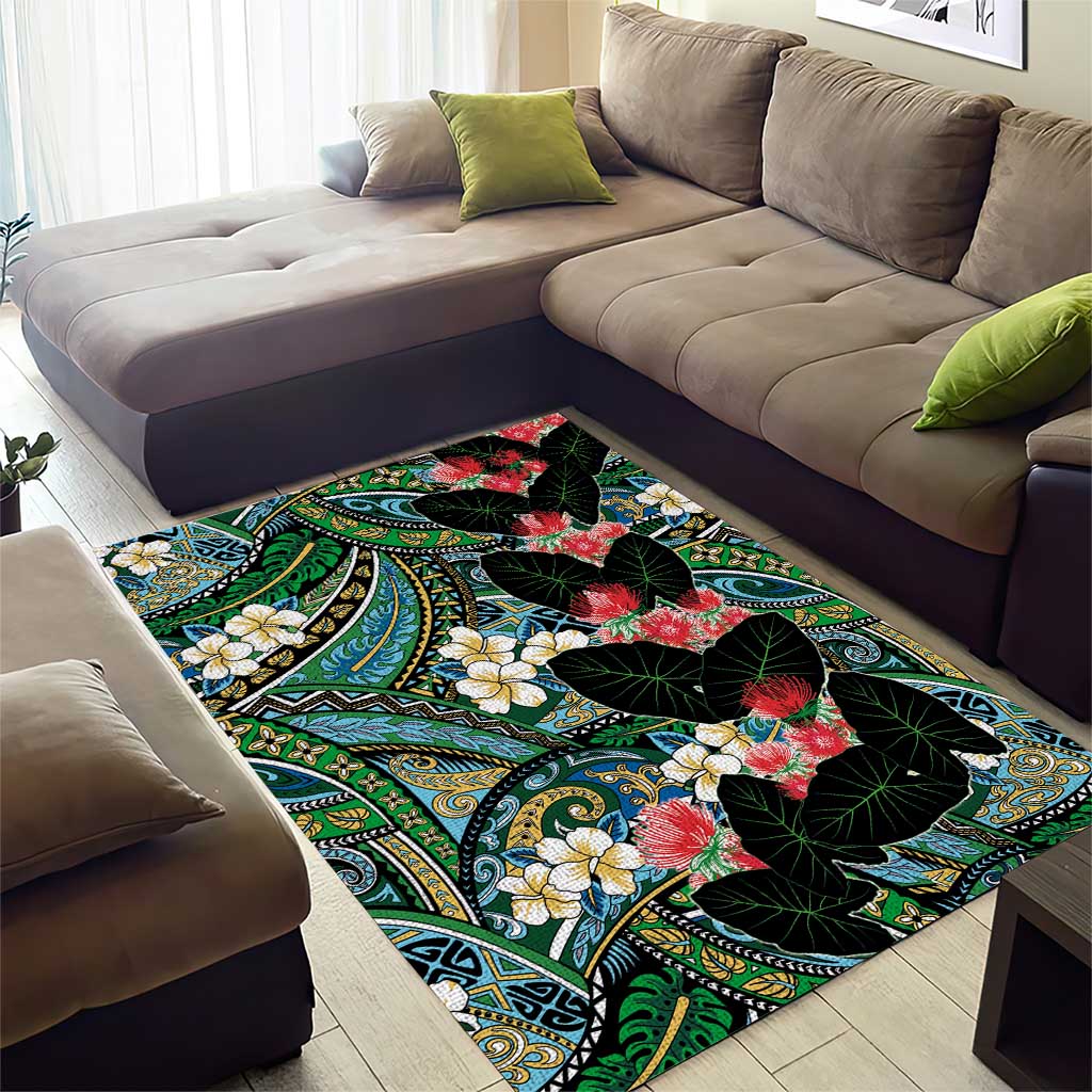 Hawaiian Taro Leaves and Ohia Lehua Area Rug Polynesian Tribal Art Tropical Plants Motifs Colorful