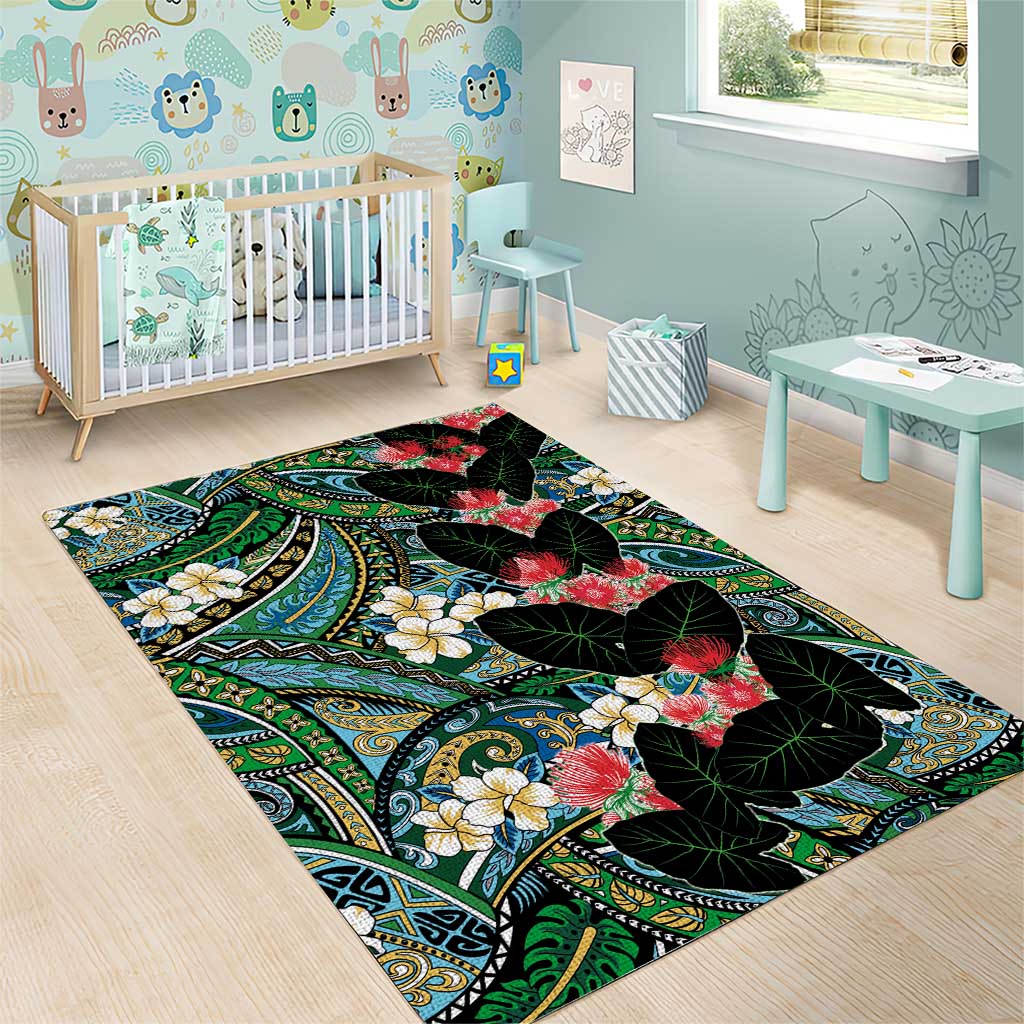 Hawaiian Taro Leaves and Ohia Lehua Area Rug Polynesian Tribal Art Tropical Plants Motifs Colorful