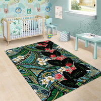 Hawaiian Taro Leaves and Ohia Lehua Area Rug Polynesian Tribal Art Tropical Plants Motifs Colorful