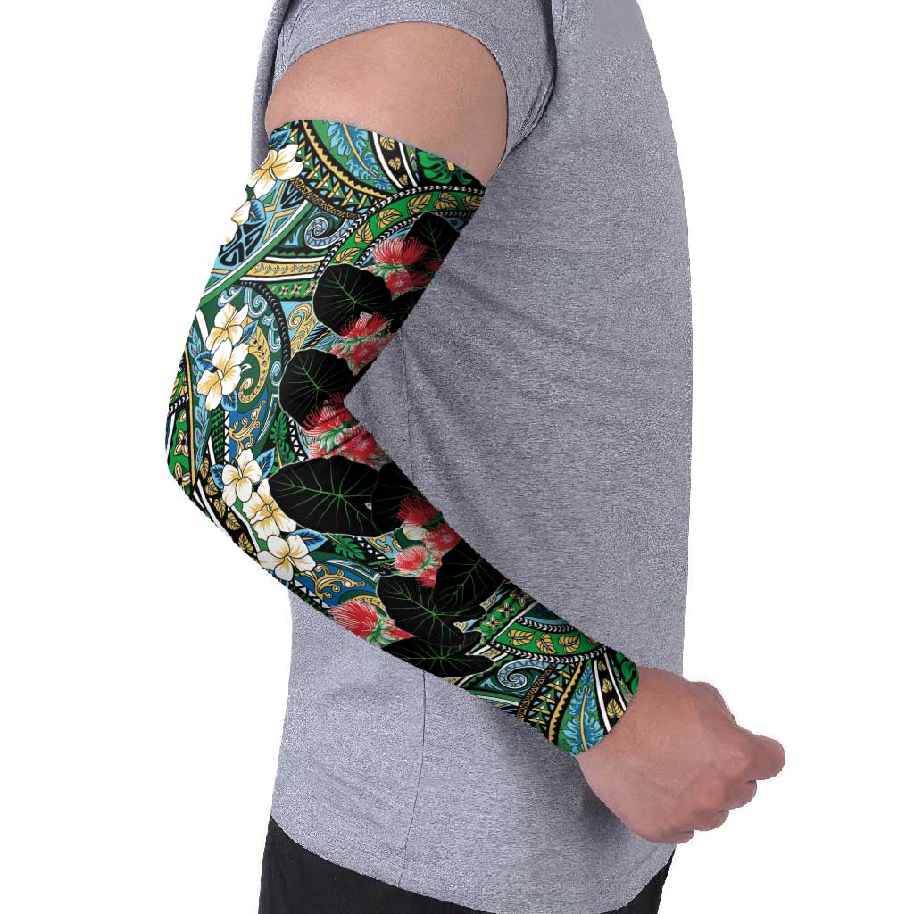 Hawaiian Taro Leaves and Ohia Lehua Arm Sleeves Polynesian Tribal Art Tropical Plants Motifs Colorful