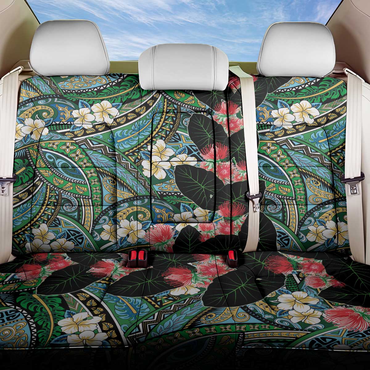 Hawaiian Taro Leaves and Ohia Lehua Back Car Seat Cover Polynesian Tribal Art Tropical Plants Motifs Colorful
