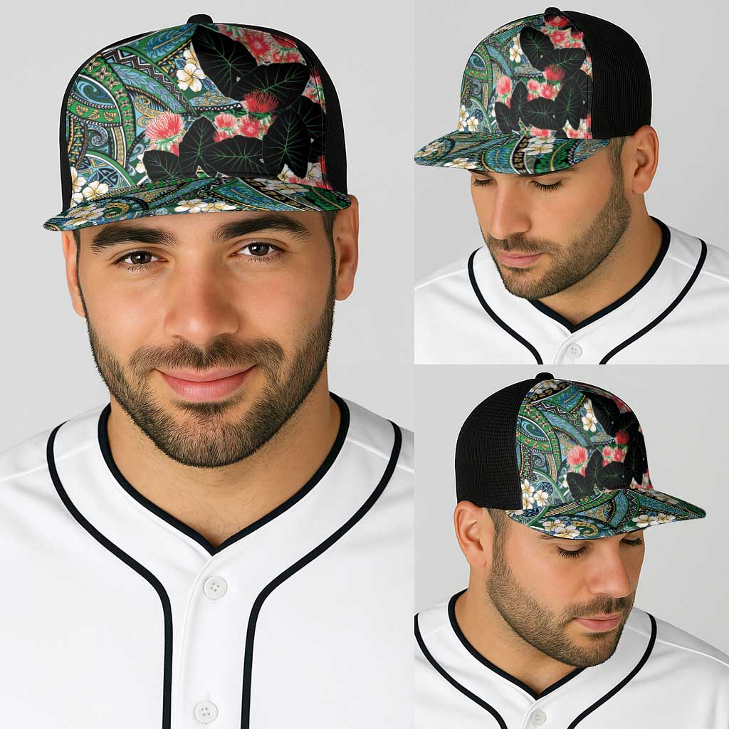 Hawaiian Taro Leaves and Ohia Lehua Baseball Net Cap Polynesian Tribal Art Tropical Plants Motifs Colorful