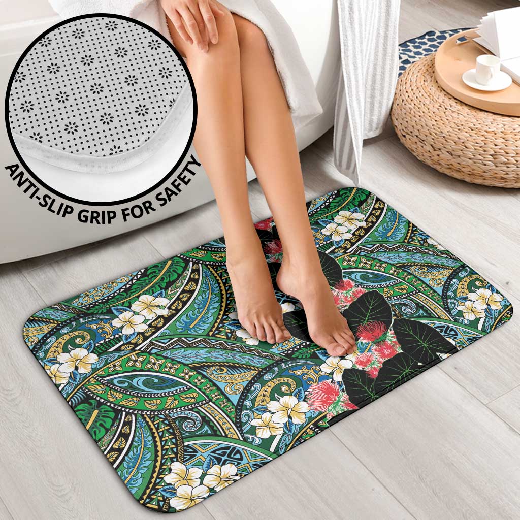 Hawaiian Taro Leaves and Ohia Lehua Bathroom Set Polynesian Tribal Art Tropical Plants Motifs Colorful