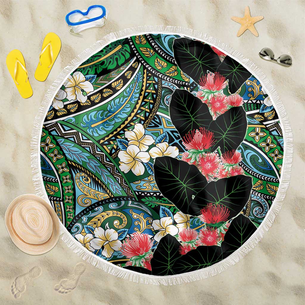 Hawaiian Taro Leaves and Ohia Lehua Beach Blanket Polynesian Tribal Art Tropical Plants Motifs Colorful
