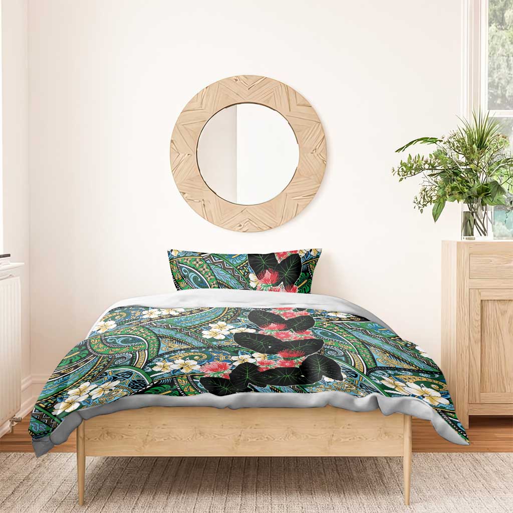 Hawaiian Taro Leaves and Ohia Lehua Bedding Set Polynesian Tribal Art Tropical Plants Motifs Colorful