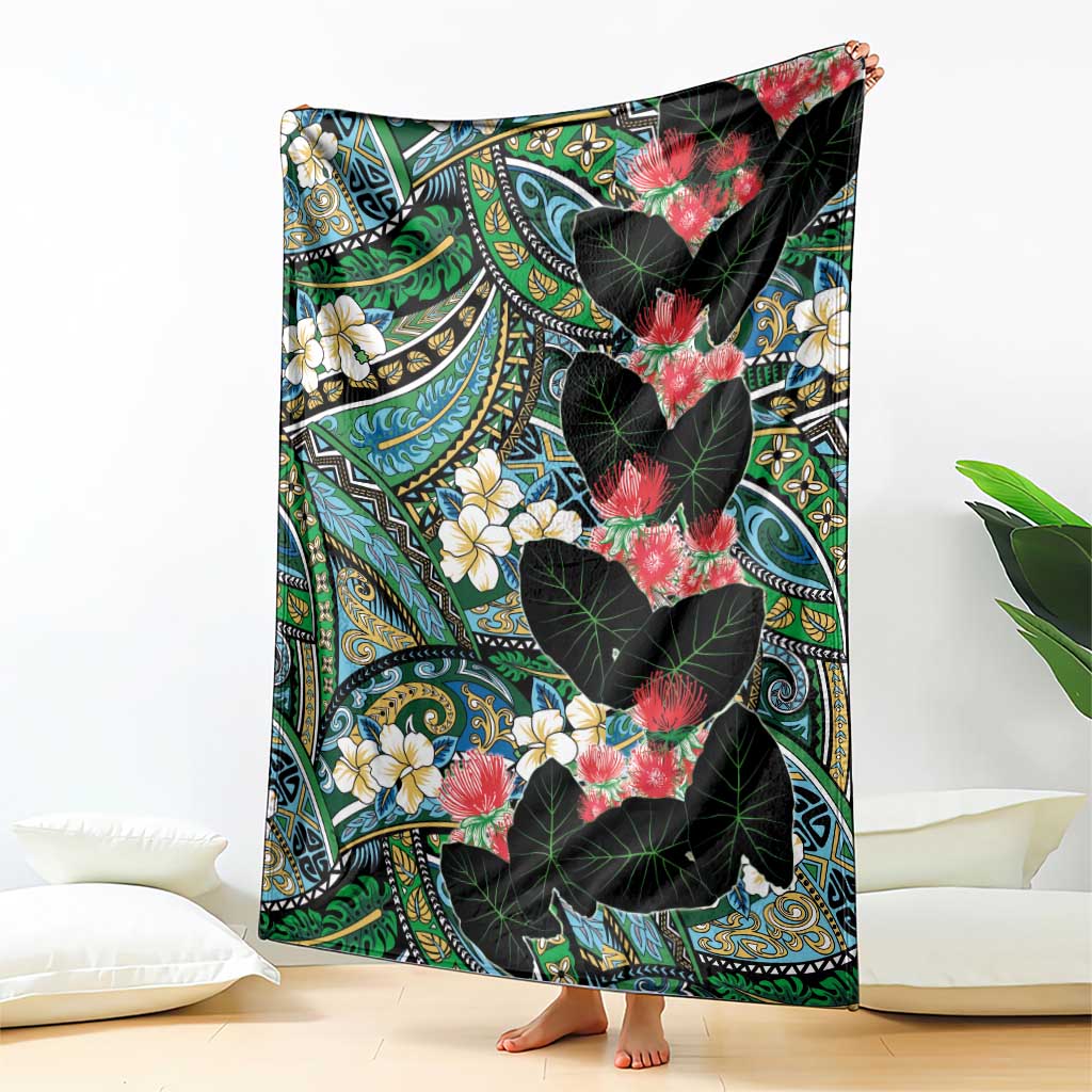 Hawaiian Taro Leaves and Ohia Lehua Blanket Polynesian Tribal Art Tropical Plants Motifs Colorful