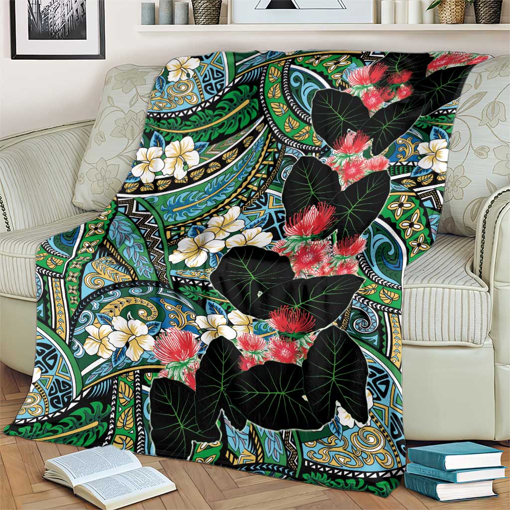 Hawaiian Taro Leaves and Ohia Lehua Blanket Polynesian Tribal Art Tropical Plants Motifs Colorful