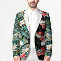 Hawaiian Taro Leaves and Ohia Lehua Blazer Polynesian Tribal Art Tropical Plants Motifs Colorful