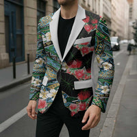 Hawaiian Taro Leaves and Ohia Lehua Blazer Polynesian Tribal Art Tropical Plants Motifs Colorful