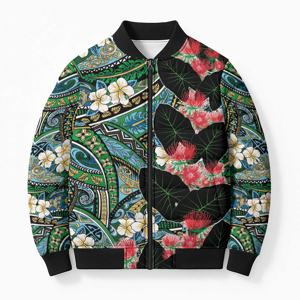 Hawaiian Taro Leaves and Ohia Lehua Bomber Puffer Jacket Polynesian Tribal Art Tropical Plants Motifs Colorful