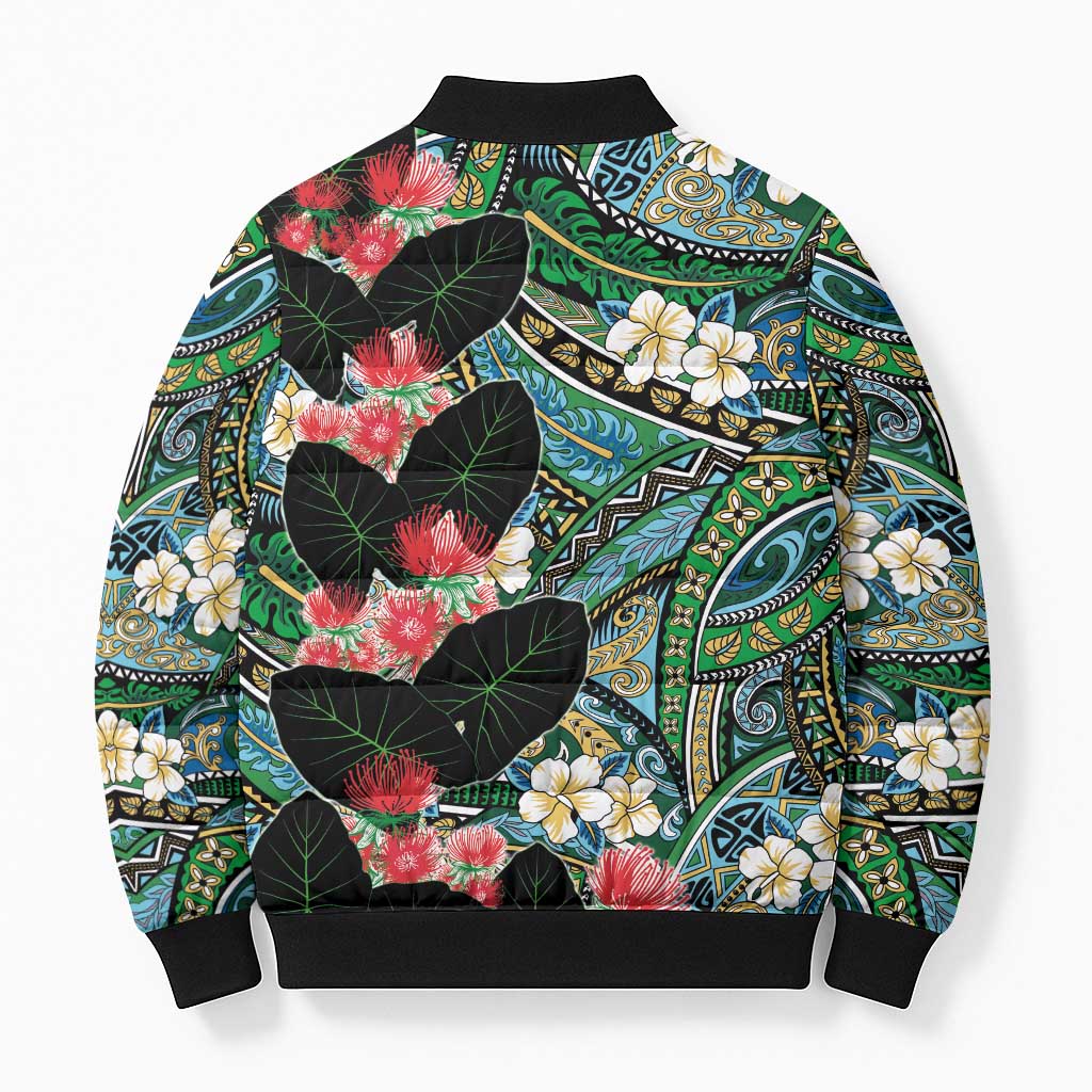 Hawaiian Taro Leaves and Ohia Lehua Bomber Puffer Jacket Polynesian Tribal Art Tropical Plants Motifs Colorful