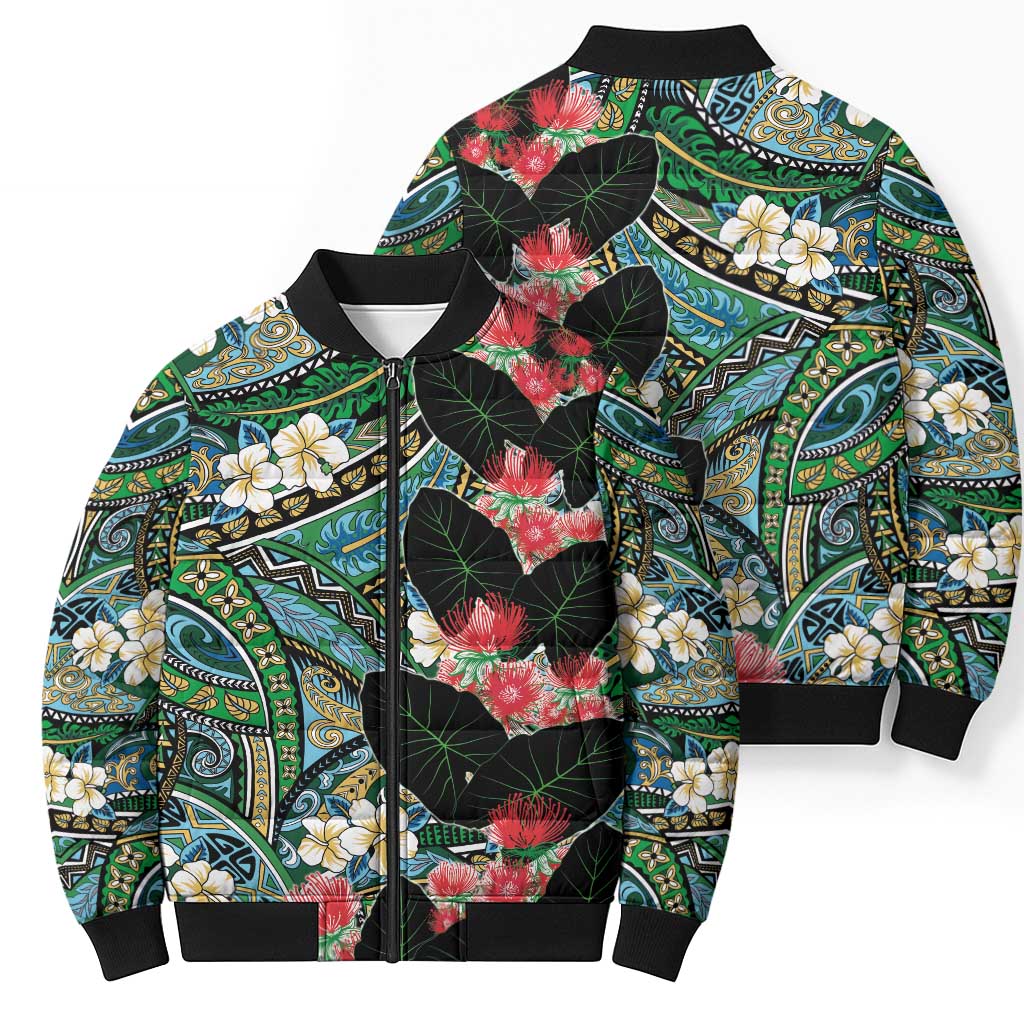 Hawaiian Taro Leaves and Ohia Lehua Bomber Puffer Jacket Polynesian Tribal Art Tropical Plants Motifs Colorful
