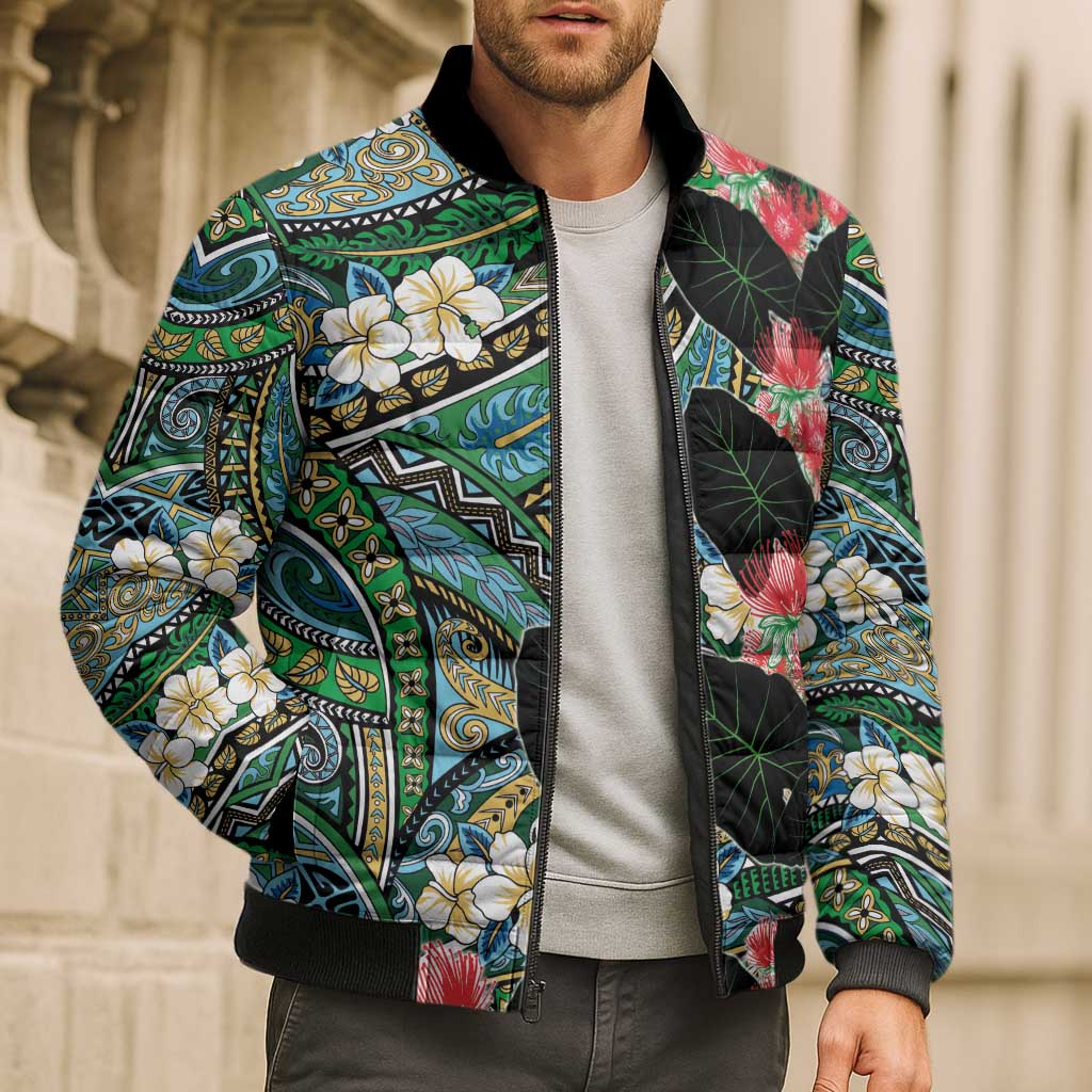 Hawaiian Taro Leaves and Ohia Lehua Bomber Puffer Jacket Polynesian Tribal Art Tropical Plants Motifs Colorful