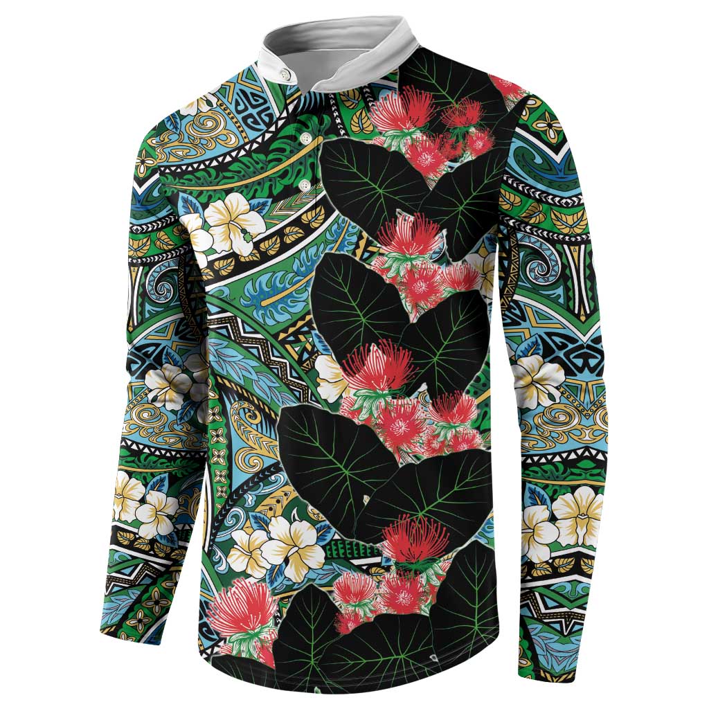 Hawaiian Taro Leaves and Ohia Lehua Button Sweatshirt Polynesian Tribal Art Tropical Plants Motifs Colorful