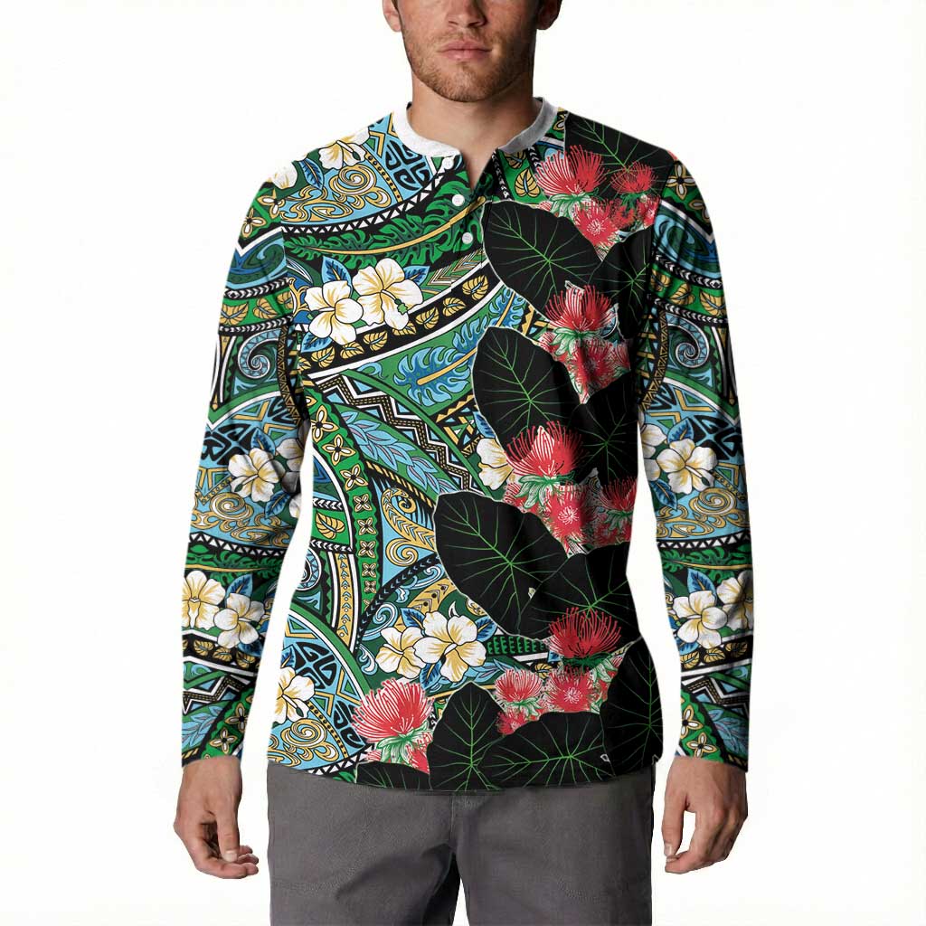 Hawaiian Taro Leaves and Ohia Lehua Button Sweatshirt Polynesian Tribal Art Tropical Plants Motifs Colorful