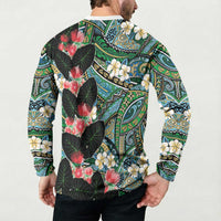 Hawaiian Taro Leaves and Ohia Lehua Button Sweatshirt Polynesian Tribal Art Tropical Plants Motifs Colorful