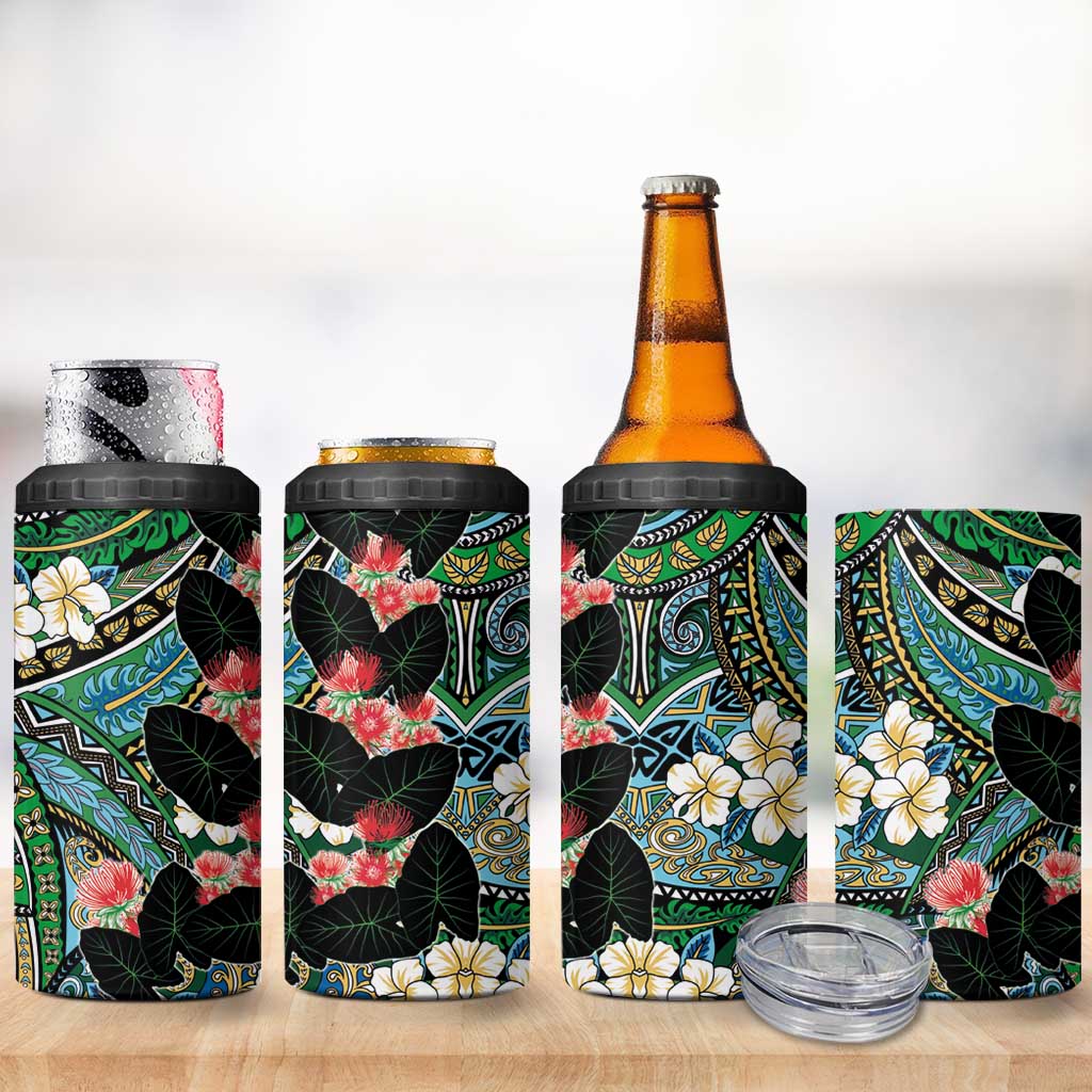 Hawaiian Taro Leaves and Ohia Lehua 4 in 1 Can Cooler Tumbler Polynesian Tribal Art Tropical Plants Motifs Colorful
