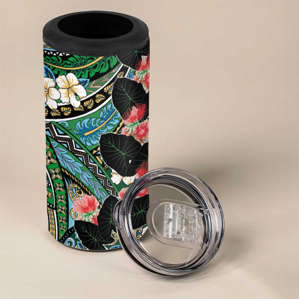 Hawaiian Taro Leaves and Ohia Lehua 4 in 1 Can Cooler Tumbler Polynesian Tribal Art Tropical Plants Motifs Colorful