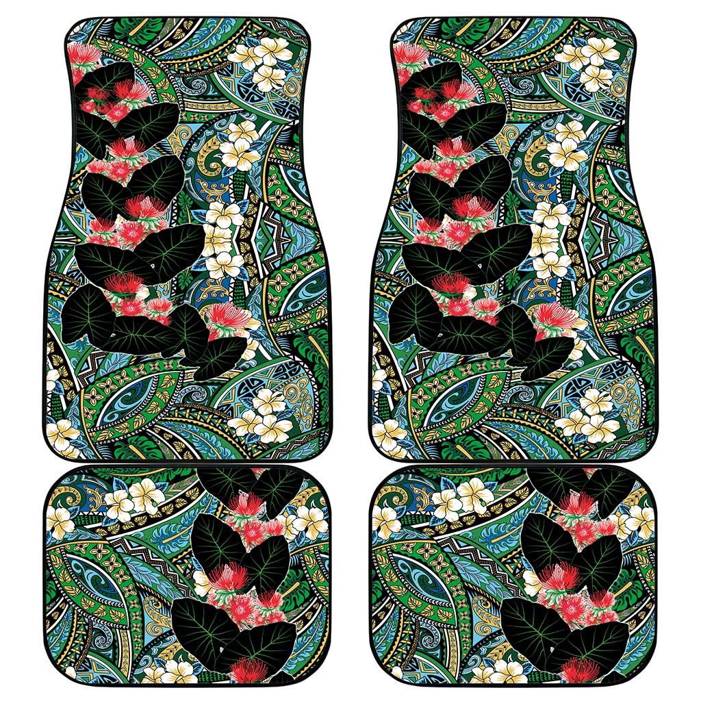 Hawaiian Taro Leaves and Ohia Lehua Car Mats Polynesian Tribal Art Tropical Plants Motifs Colorful