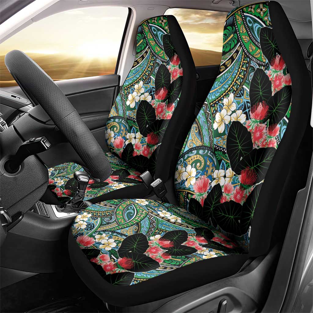 Hawaiian Taro Leaves and Ohia Lehua Car Seat Cover Polynesian Tribal Art Tropical Plants Motifs Colorful