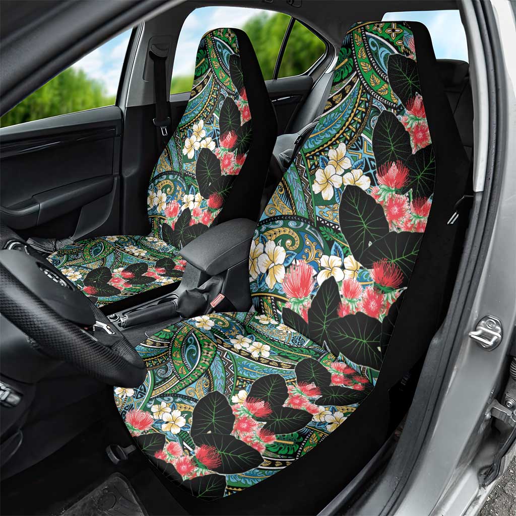 Hawaiian Taro Leaves and Ohia Lehua Car Seat Cover Polynesian Tribal Art Tropical Plants Motifs Colorful