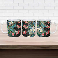 Hawaiian Taro Leaves and Ohia Lehua Ceramic Mug Polynesian Tribal Art Tropical Plants Motifs Colorful
