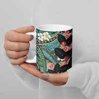 Hawaiian Taro Leaves and Ohia Lehua Ceramic Mug Polynesian Tribal Art Tropical Plants Motifs Colorful