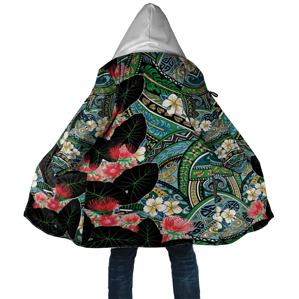 Hawaiian Taro Leaves and Ohia Lehua Cloak Polynesian Tribal Art Tropical Plants Motifs Colorful