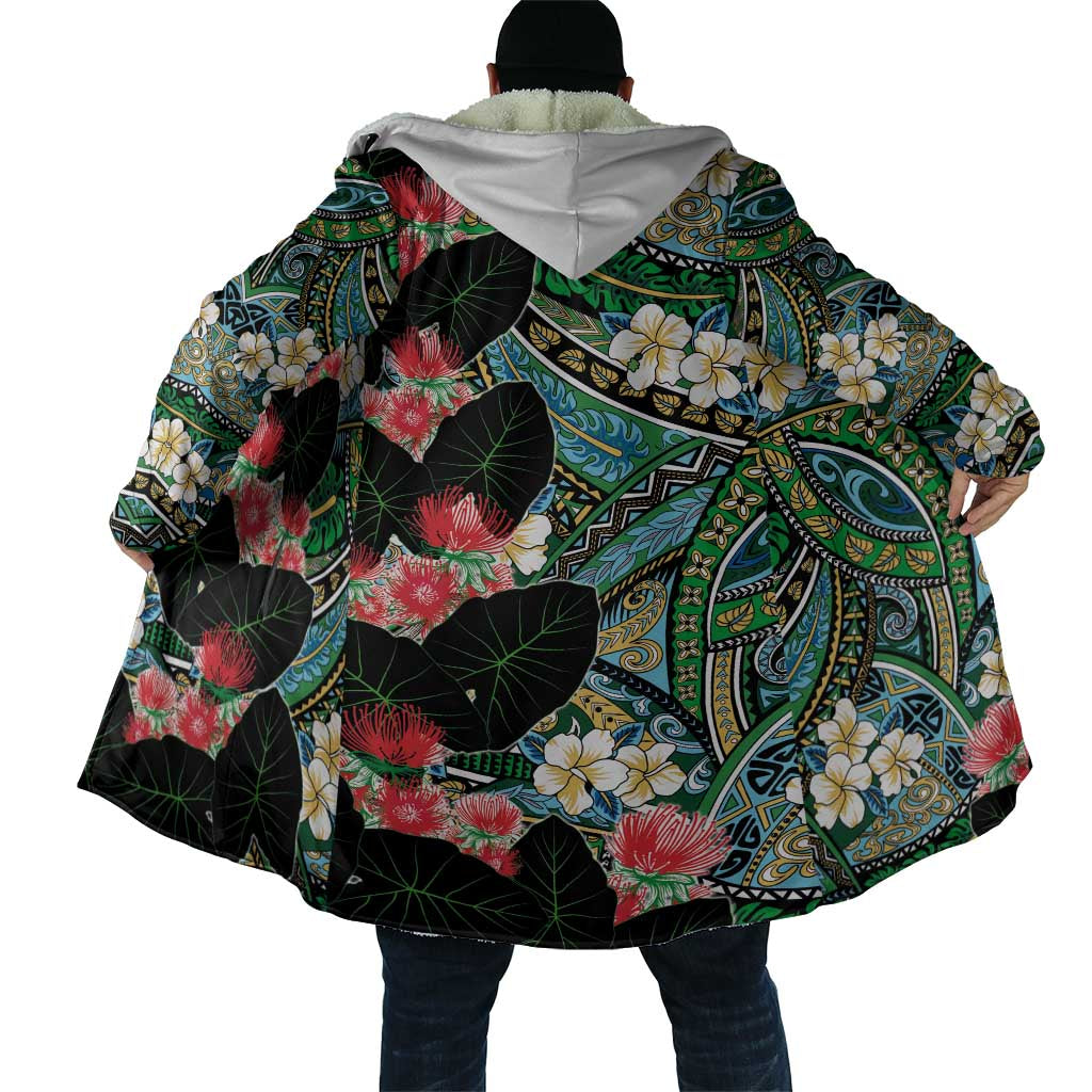 Hawaiian Taro Leaves and Ohia Lehua Cloak Polynesian Tribal Art Tropical Plants Motifs Colorful