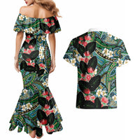 Hawaiian Taro Leaves and Ohia Lehua Couples Matching Mermaid Dress and Hawaiian Shirt Polynesian Tribal Art Tropical Plants Motifs Colorful