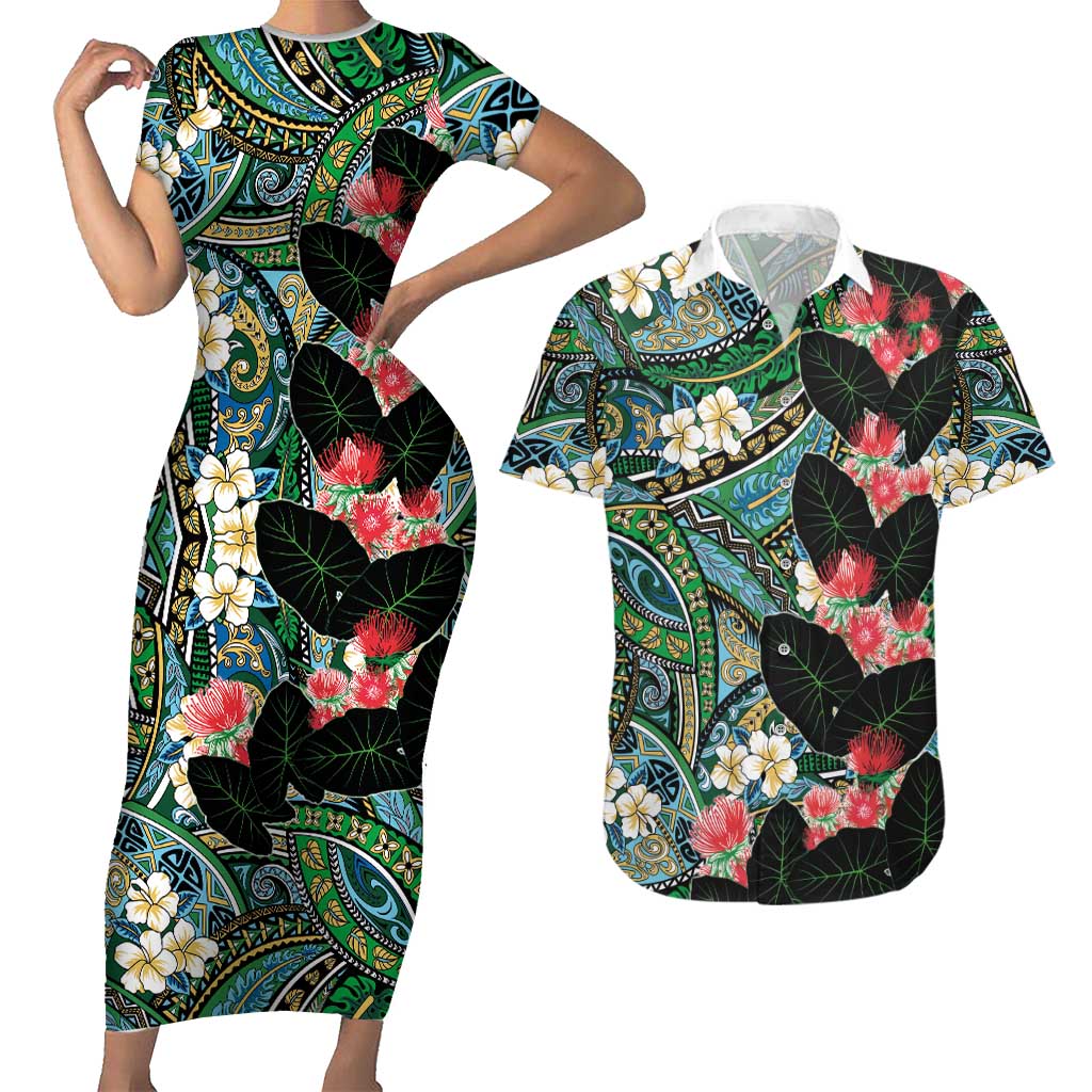Hawaiian Taro Leaves and Ohia Lehua Couples Matching Short Sleeve Bodycon Dress and Hawaiian Shirt Polynesian Tribal Art Tropical Plants Motifs Colorful