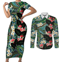 Hawaiian Taro Leaves and Ohia Lehua Couples Matching Short Sleeve Bodycon Dress and Long Sleeve Button Shirt Polynesian Tribal Art Tropical Plants Motifs Colorful