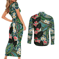 Hawaiian Taro Leaves and Ohia Lehua Couples Matching Short Sleeve Bodycon Dress and Long Sleeve Button Shirt Polynesian Tribal Art Tropical Plants Motifs Colorful