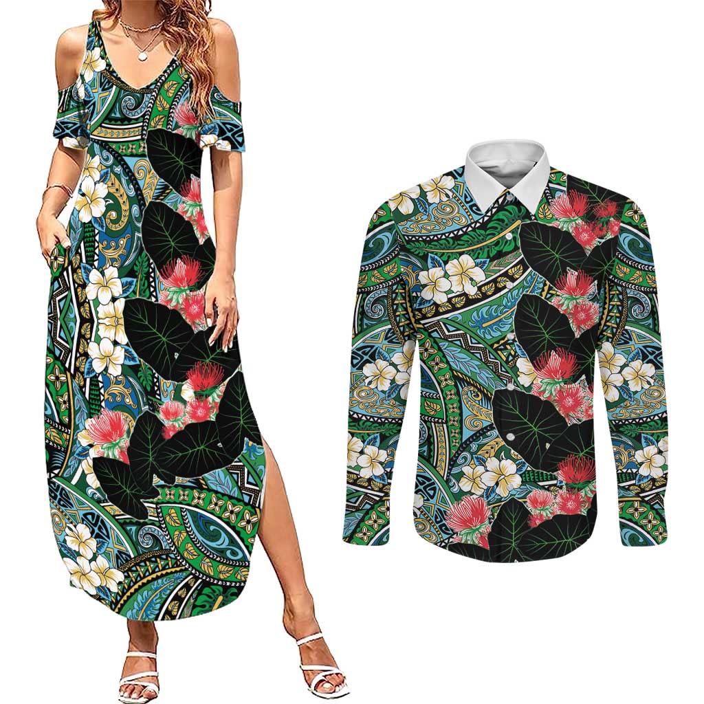 Hawaiian Taro Leaves and Ohia Lehua Couples Matching Summer Maxi Dress and Long Sleeve Button Shirt Polynesian Tribal Art Tropical Plants Motifs Colorful