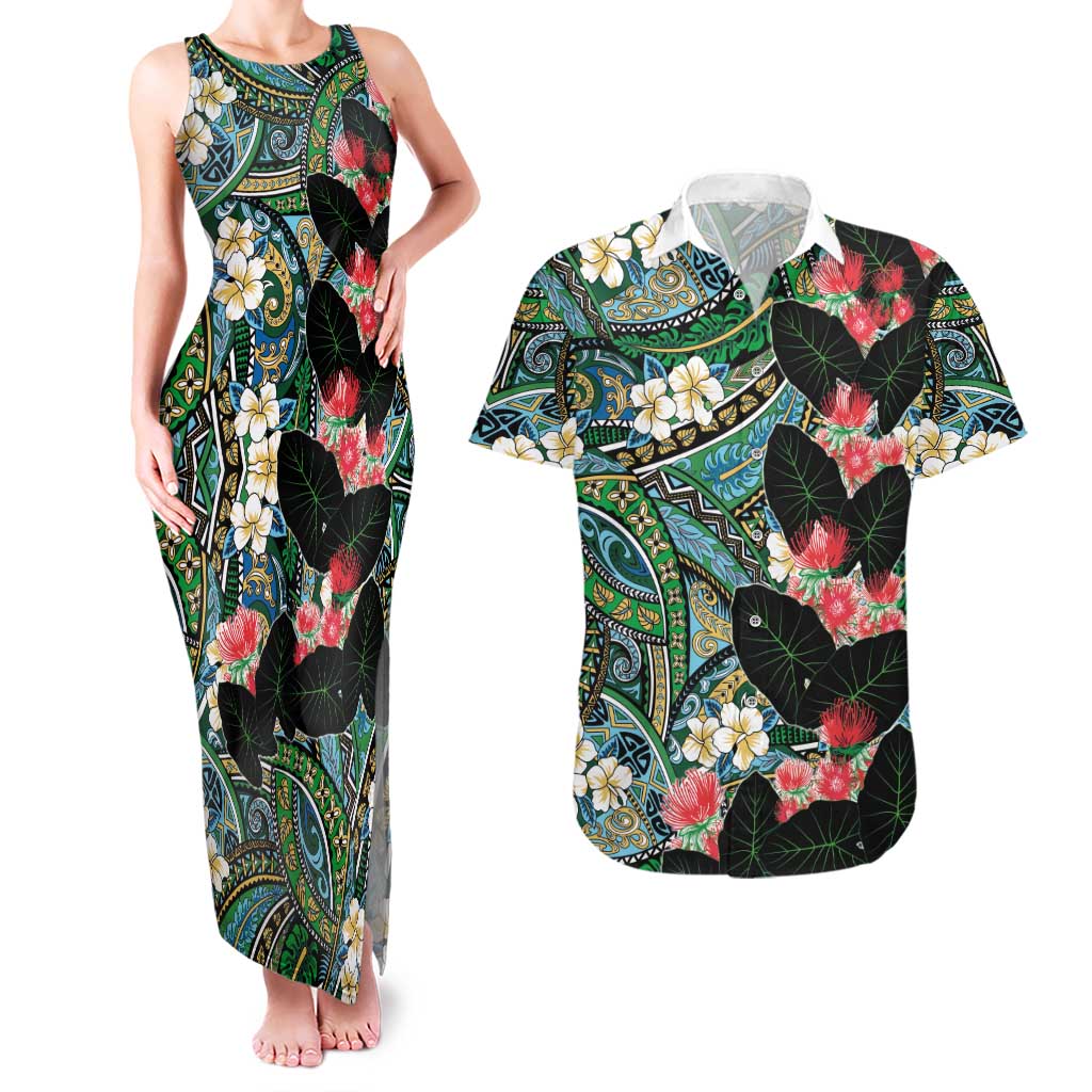 Hawaiian Taro Leaves and Ohia Lehua Couples Matching Tank Maxi Dress and Hawaiian Shirt Polynesian Tribal Art Tropical Plants Motifs Colorful