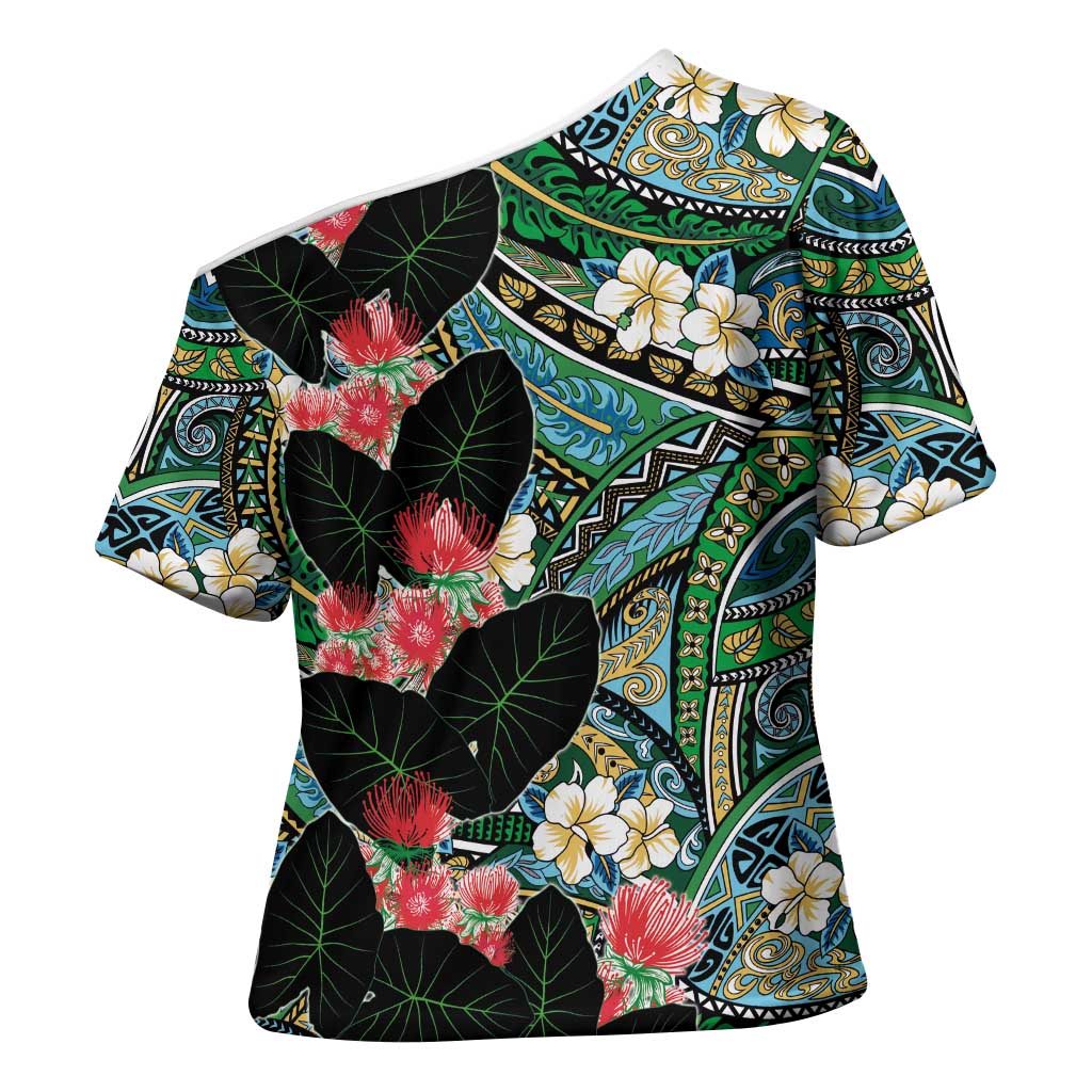 Hawaiian Taro Leaves and Ohia Lehua Cross Shoulder Shirt Polynesian Tribal Art Tropical Plants Motifs Colorful