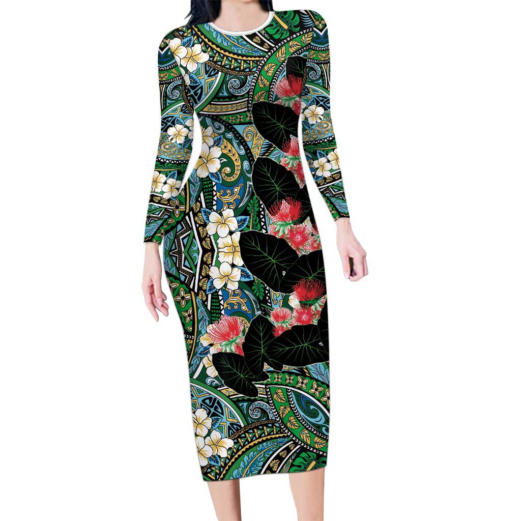 Hawaiian Taro Leaves and Ohia Lehua Family Matching Long Sleeve Bodycon Dress and Hawaiian Shirt Polynesian Tribal Art Tropical Plants Motifs Colorful
