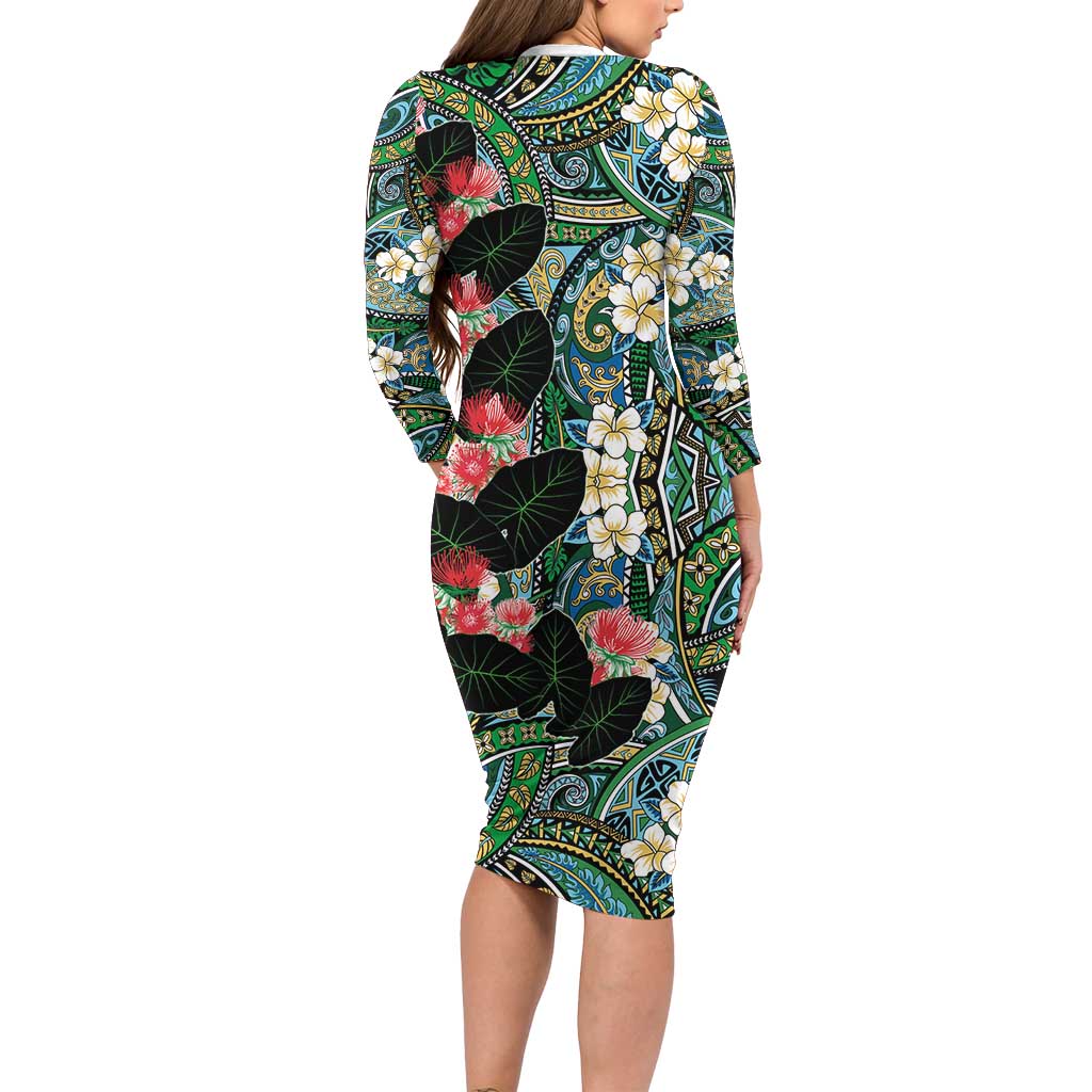 Hawaiian Taro Leaves and Ohia Lehua Family Matching Long Sleeve Bodycon Dress and Hawaiian Shirt Polynesian Tribal Art Tropical Plants Motifs Colorful